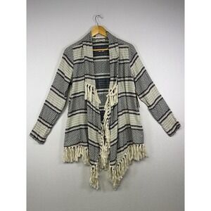 Boho Ruff Hewn Womens S Cream Navy Chevron Striped Tassel Fringe Cardigan New